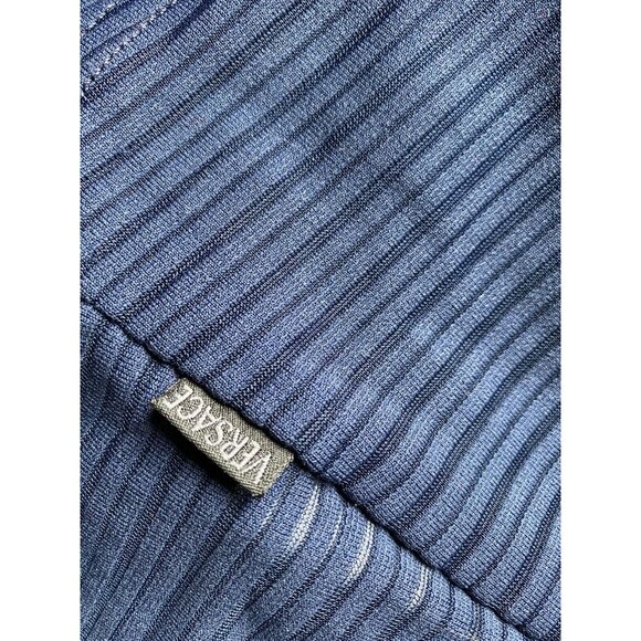 Versace Jeans Navy Blue Stripes Long Sleeve Fitted Sheer Mesh Blouse Top Sz L - Picture 10 of 12